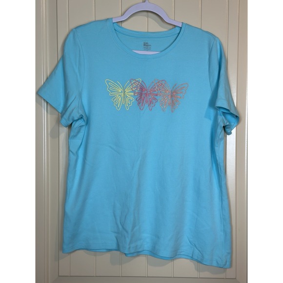 Kim‎ Rogers Perfectly Soft blue Butterfly glitter short sleeve t-shirt sz L GUC - Picture 1 of 4